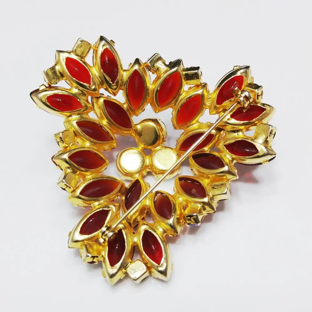 Red Art Glass & Rhinestone Brooch, Gold Plated, Juliana Style, 1960s Vintage